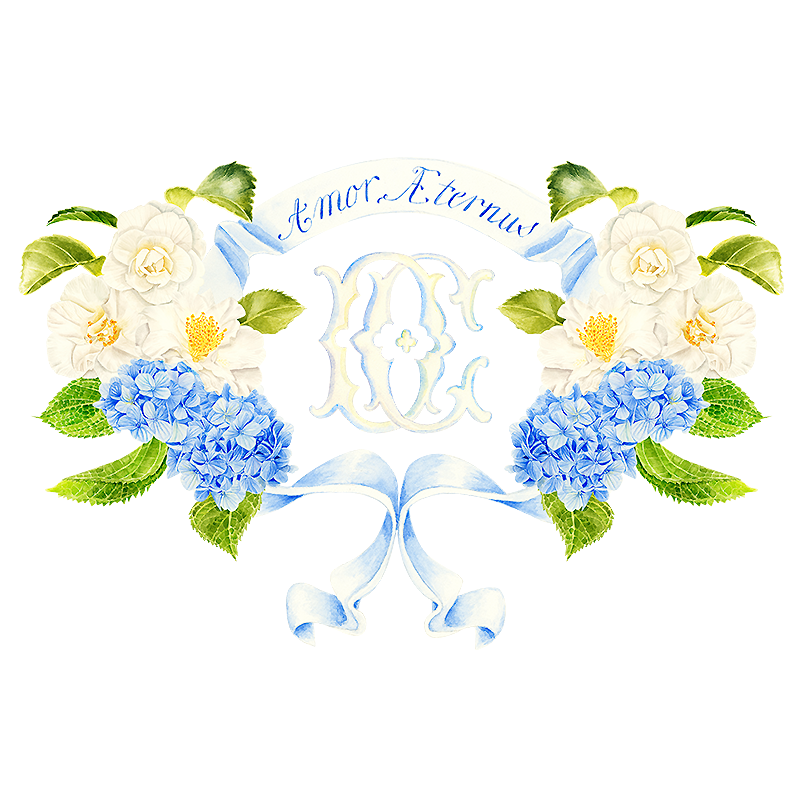 watercolor wedding crest with hydrangeas and camellia flowers