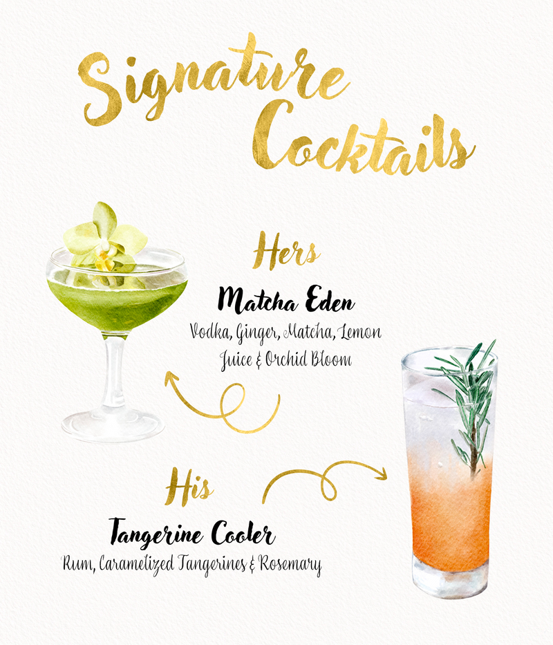 watercolor wedding day sign with signature drinks